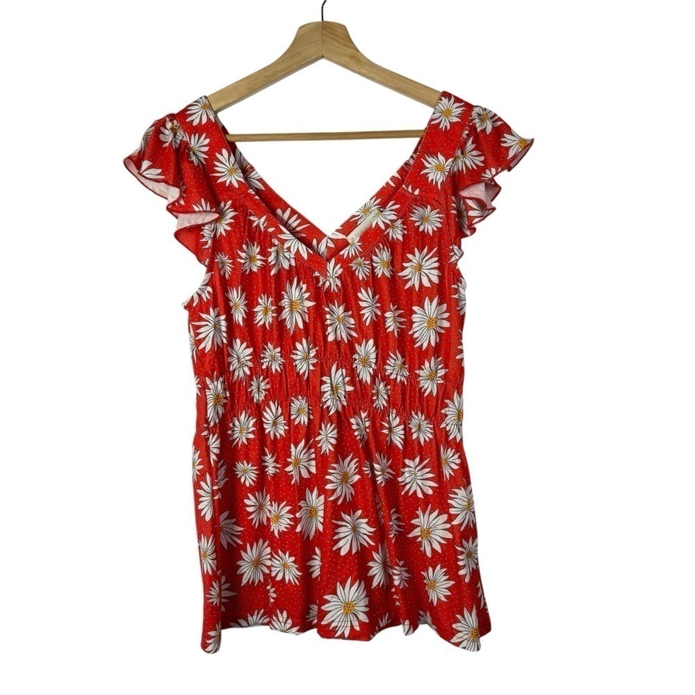 Weekend Suzanne Betro Orange Daisy Floral Ruffle Sweetheart Tunic Top S